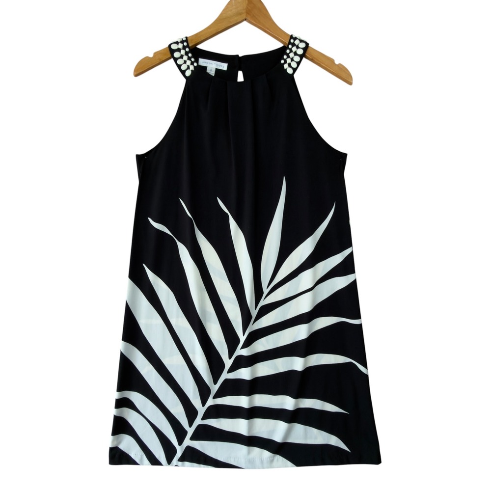 London Times Midi Halter Dress Palm Leaf Print  Women 8 Black White